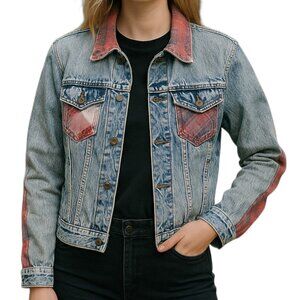 Navie Boutique Acid Wash Vintage Inspired Denim Plaid Jacket Womens Size M